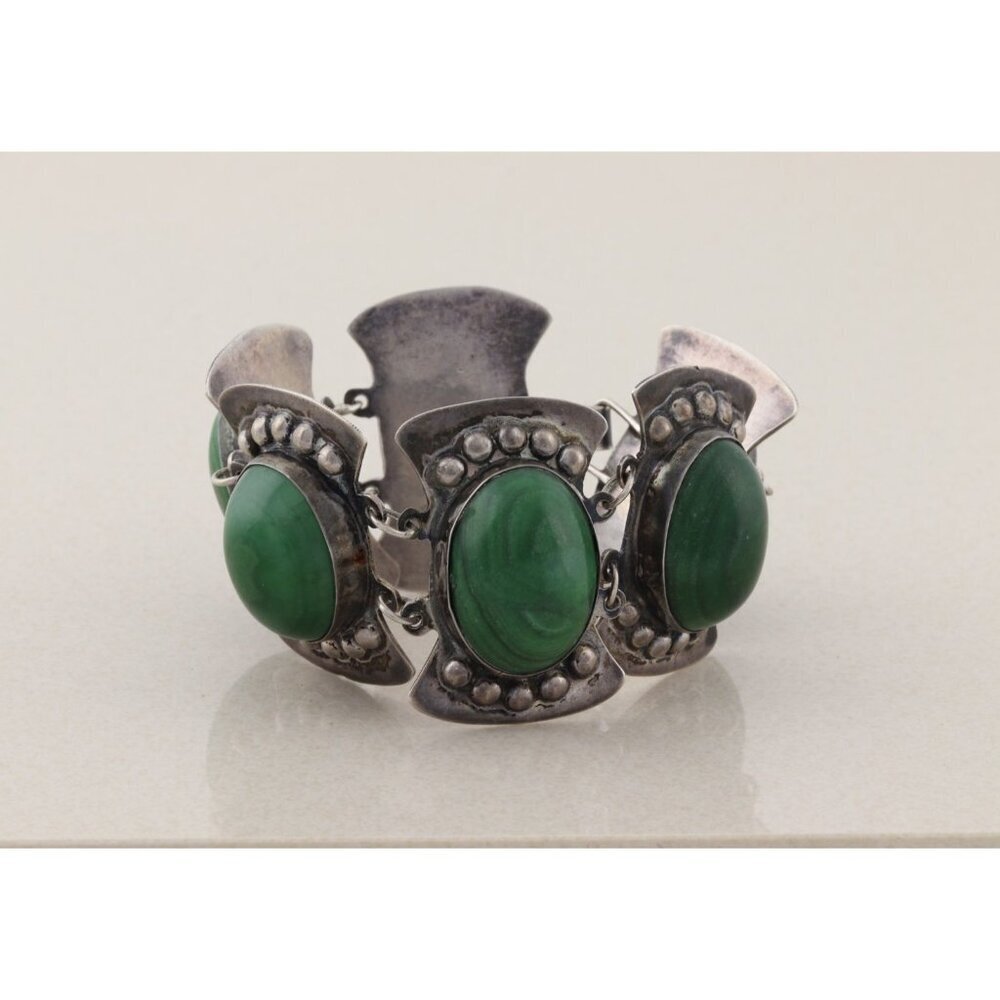 Sterling Silver Large Malachite Link Bracelet Vintage Mexico 6 3/4" inch - Picture 5 of 5